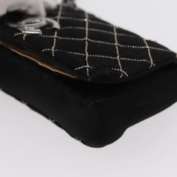 CHANEL Matelasse Chain Shoulder Bag Satin Black Silver CC Auth 157278