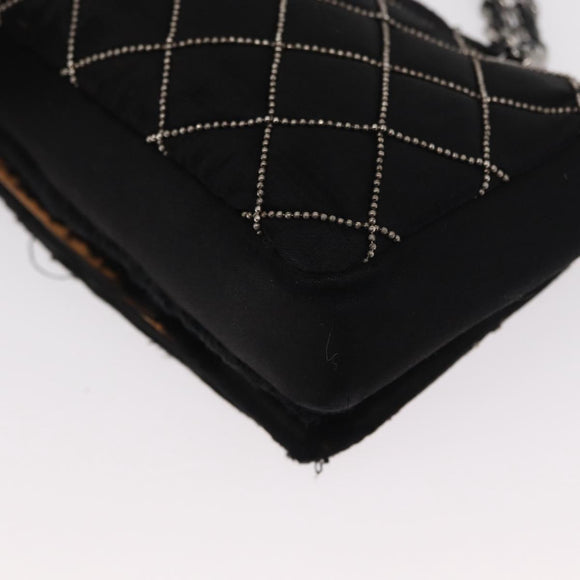 CHANEL Matelasse Ketting Schoudertas Satijn Zwart Zilver CC Auth 157278