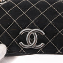 CHANEL Matelasse Ketting Schoudertas Satijn Zwart Zilver CC Auth 157278-19