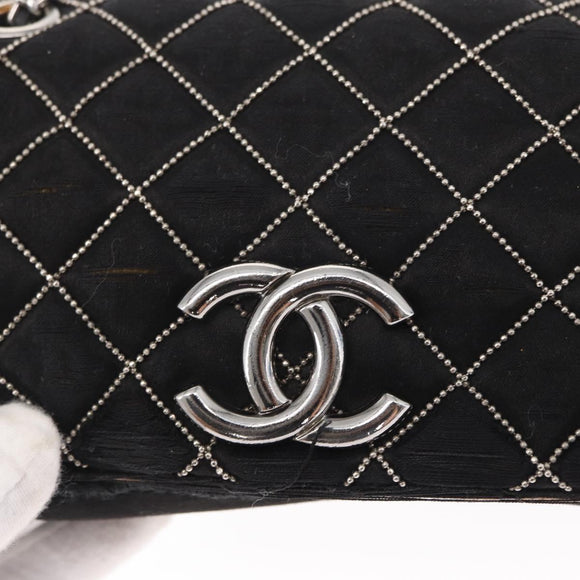 CHANEL Matelasse Ketting Schoudertas Satijn Zwart Zilver CC Auth 157278