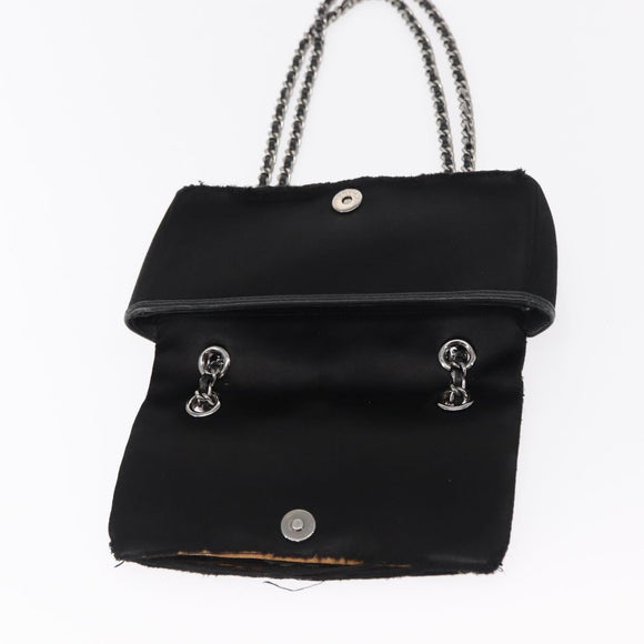 CHANEL Matelasse Ketting Schoudertas Satijn Zwart Zilver CC Auth 157278