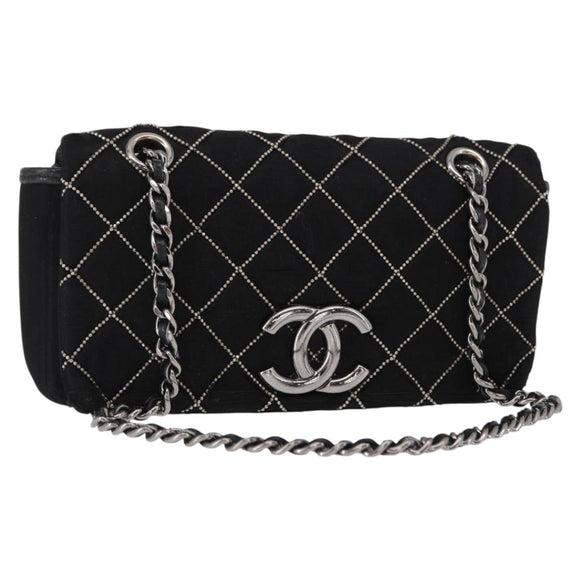 CHANEL Matelasse Ketting Schoudertas Satijn Zwart Zilver CC Auth 157278