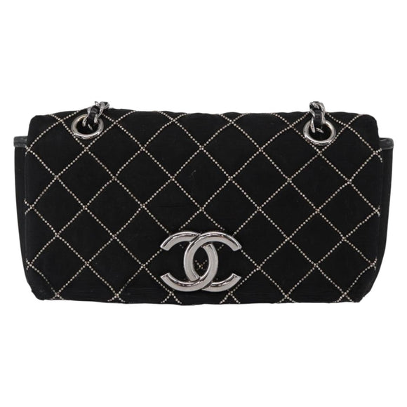 CHANEL Matelasse Ketting Schoudertas Satijn Zwart Zilver CC Auth 157278