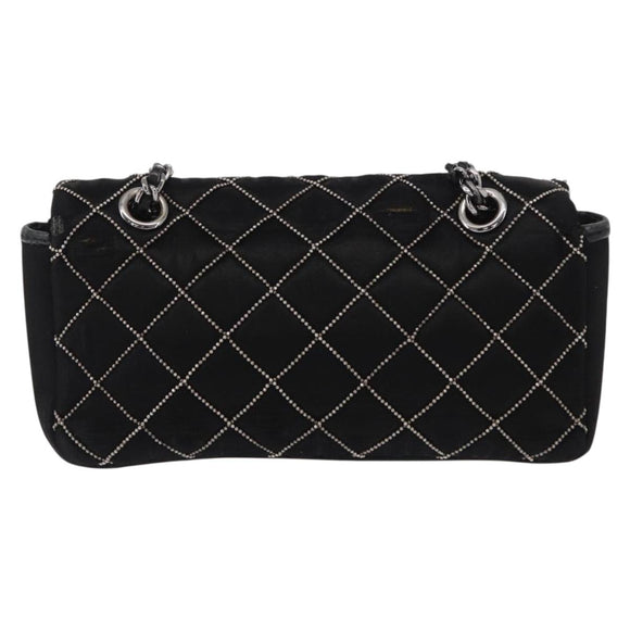 CHANEL Matelasse Chain Shoulder Bag Satin Black Silver CC Auth 157278