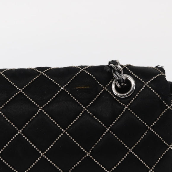CHANEL Matelasse Ketting Schoudertas Satijn Zwart Zilver CC Auth 157278