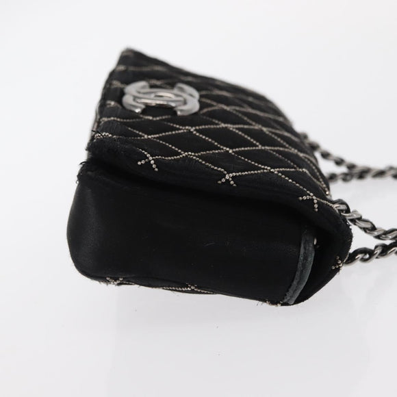 CHANEL Matelasse Ketting Schoudertas Satijn Zwart Zilver CC Auth 157278