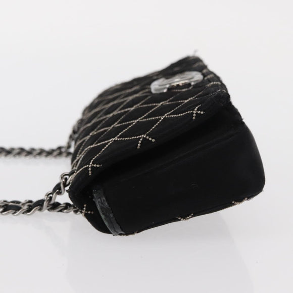 CHANEL Matelasse Ketting Schoudertas Satijn Zwart Zilver CC Auth 157278