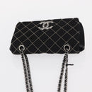 CHANEL Matelasse Ketting Schoudertas Satijn Zwart Zilver CC Auth 157278-8