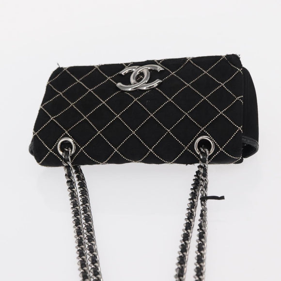 CHANEL Matelasse Ketting Schoudertas Satijn Zwart Zilver CC Auth 157278