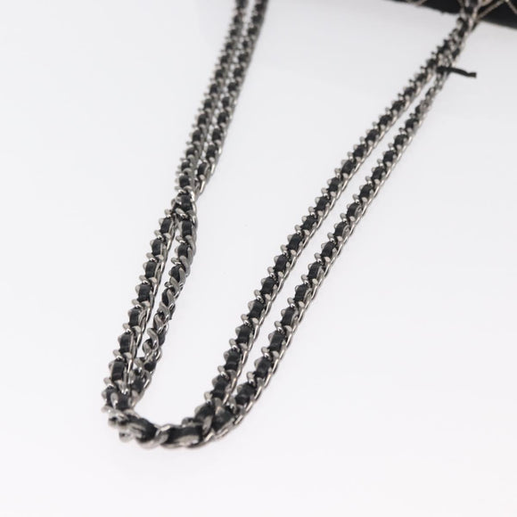 CHANEL Matelasse Ketting Schoudertas Satijn Zwart Zilver CC Auth 157278