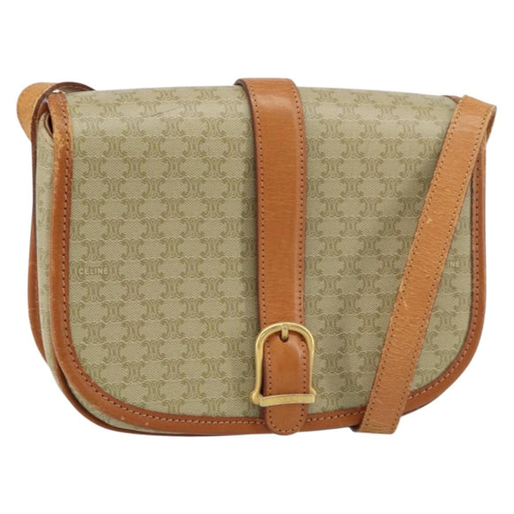 CELINE Macadam Canvas Shoulder Bag PVC Beige Gold Auth 157310