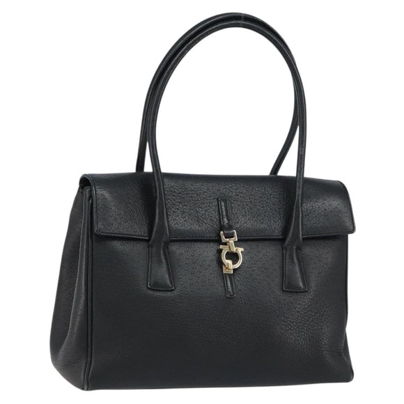 Salvatore Ferragamo Gancini Hand Bag Leather Black Gold Auth 157314