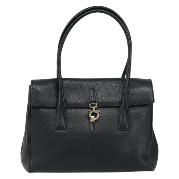 Salvatore Ferragamo Gancini Hand Bag Leather Black Gold Auth 157314