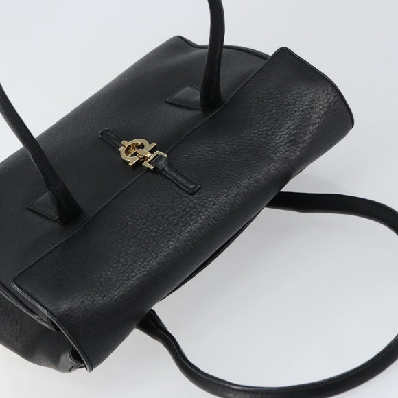 Salvatore Ferragamo Gancini Hand Bag Leather Black Gold Auth 157314