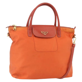 PRADA Hand Bag Nylon Leather 2way Orange Gold Auth 157321
