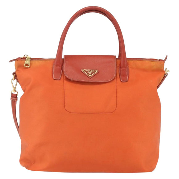 PRADA Hand Bag Nylon Leather 2way Orange Gold Auth 157321