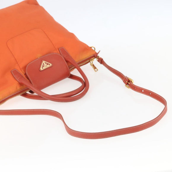 PRADA Hand Bag Nylon Leather 2way Orange Gold Auth 157321