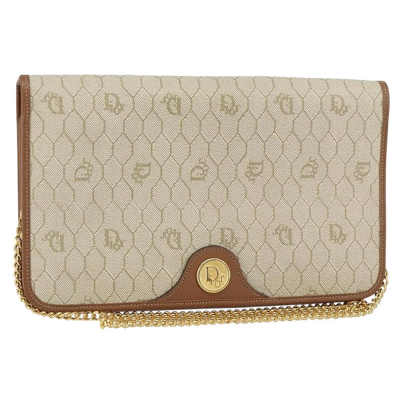 Christian Dior Honeycomb Canvas Chain Shoulder Bag PVC Beige Gold Auth 157341