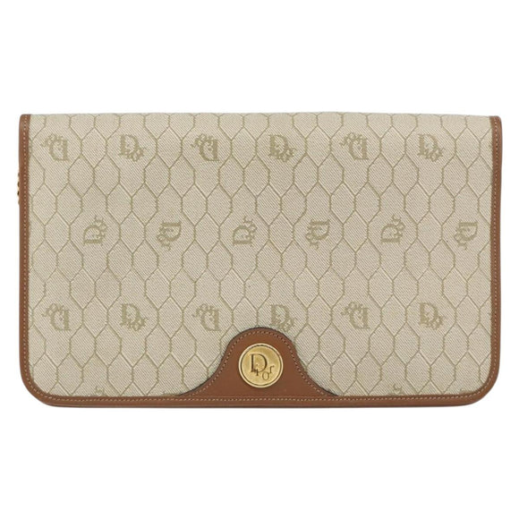 Christian Dior Honeycomb Canvas Chain Shoulder Bag PVC Beige Gold Auth 157341