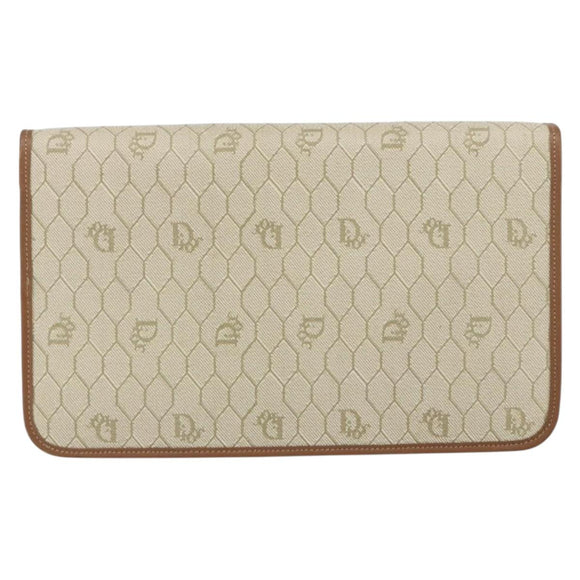 Christian Dior Honeycomb Canvas Chain Shoulder Bag PVC Beige Gold Auth 157341