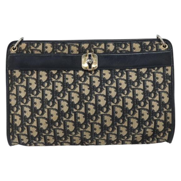 Christian Dior Trotter Canvas Shoulder Bag Navy Gold Auth 157344