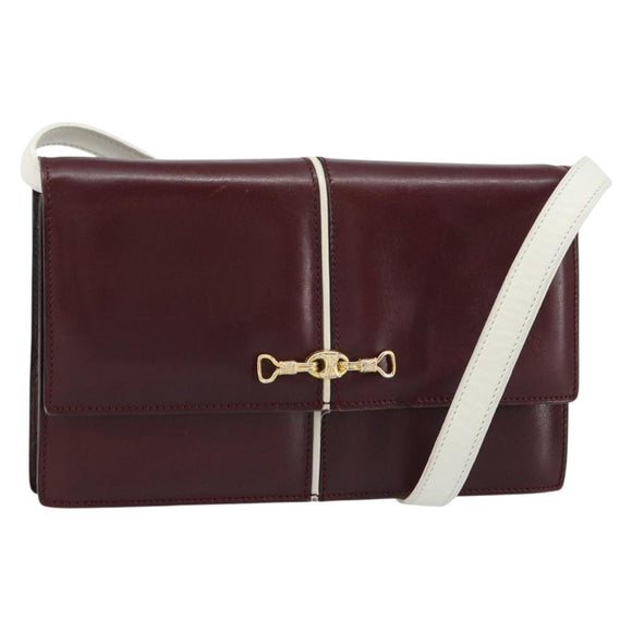 CELINE Macadam Horsebit Shoulder Bag Leather Bordeaux Gold Auth 157361