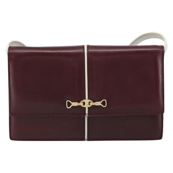 CELINE Macadam Horsebit Shoulder Bag Leather Bordeaux Gold Auth 157361