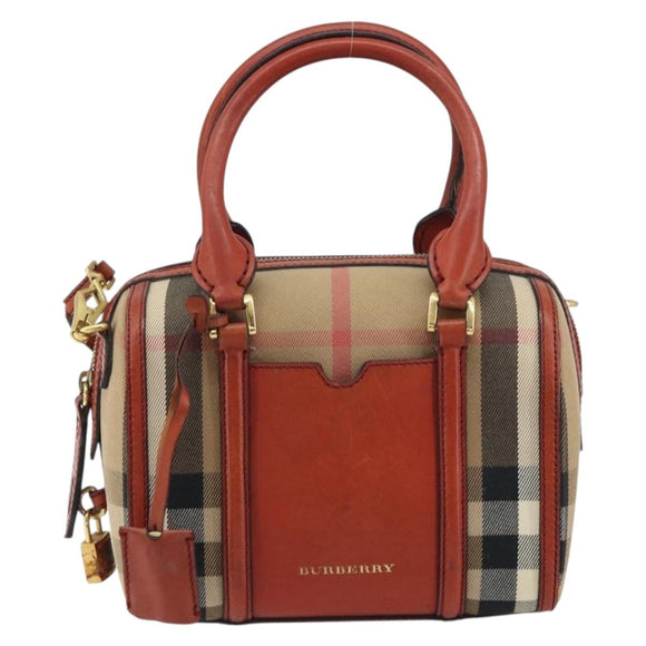 BURBERRY Nova Check Hand Bag Canvas Leather 2way Beige Gold Auth 157364