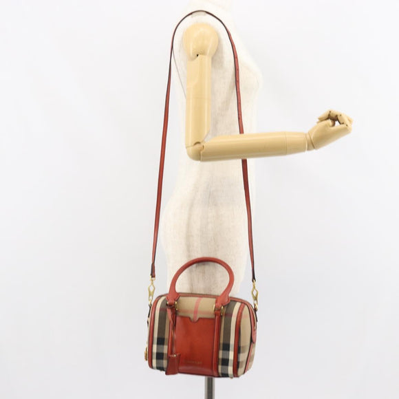 BURBERRY Nova Check Hand Bag Canvas Leather 2way Beige Gold Auth 157364