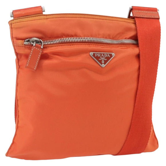 PRADA Shoulder Bag Nylon Leather Orange Silver Auth 157378