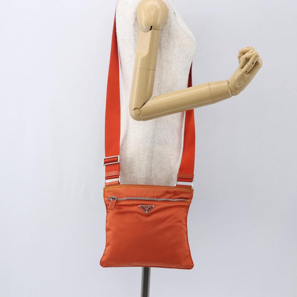 PRADA Shoulder Bag Nylon Leather Orange Silver Auth 157378
