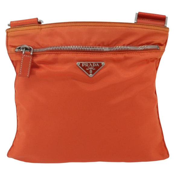 PRADA Shoulder Bag Nylon Leather Orange Silver Auth 157378