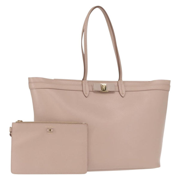 Salvatore Ferragamo Vala Tote Bag Leather Gold Pink Beige Auth 157381
