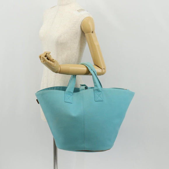 HERMES Panier Plage PM Hand Bag Canvas Light Blue Silver Auth 157382