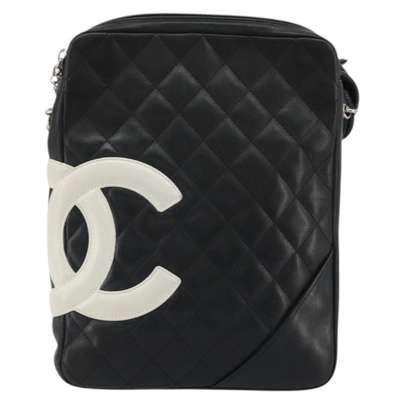 CHANEL Matelasse Cambon Line Shoulder Bag Calf Skin Black Silver CC Auth 157389A