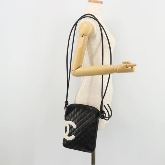CHANEL Matelasse Cambon Line Shoulder Bag Calf Skin Black Silver CC Auth 157389A