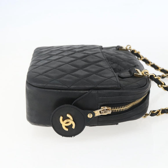 CHANEL Matelasse Chain Shoulder Bag Lamb Skin Black Gold CC Auth 157399A