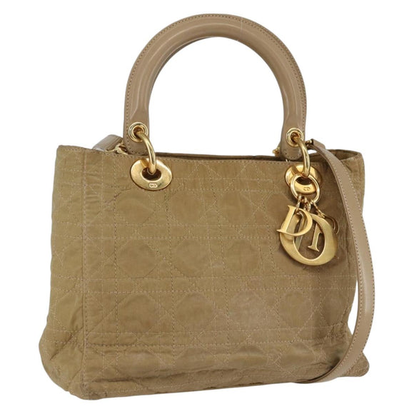 Christian Dior Lady Dior Canage Hand Bag Nylon 2way Beige Gold Auth 157406