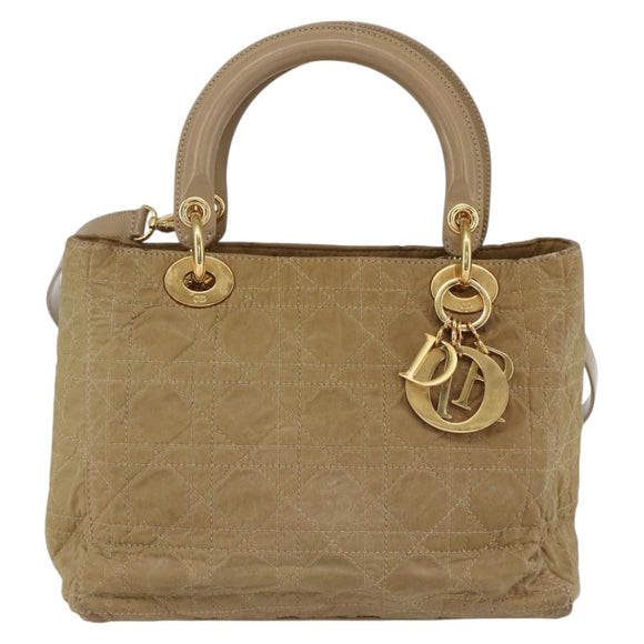 Christian Dior Lady Dior Canage Hand Bag Nylon 2way Beige Gold Auth 157406