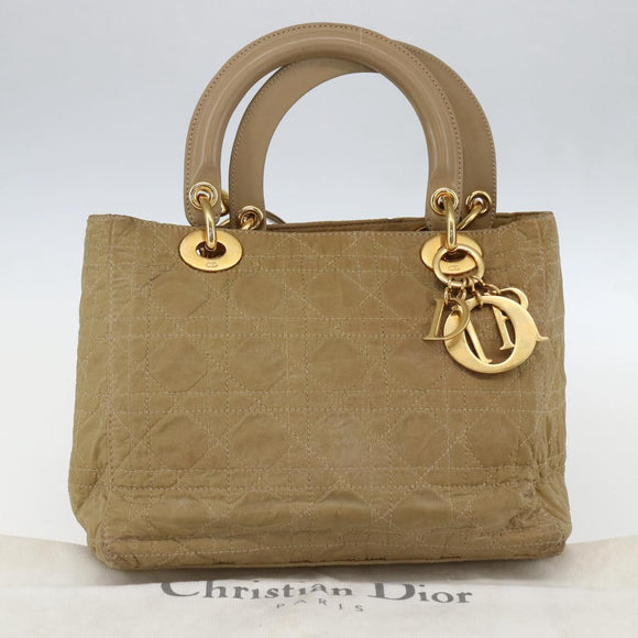 Christian Dior Lady Dior Canage Hand Bag Nylon 2way Beige Gold Auth 157406