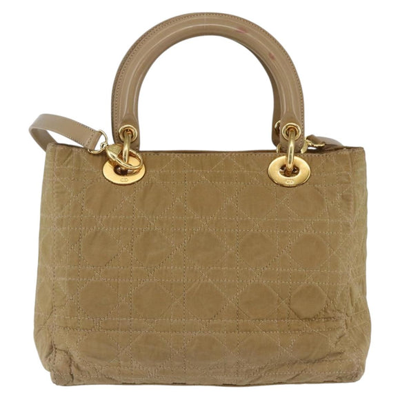 Christian Dior Lady Dior Canage Hand Bag Nylon 2way Beige Gold Auth 157406