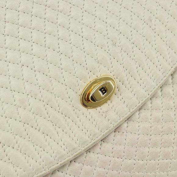 BALLY Quilted Chain Shoulder Bag Leather White Gold Auth 157424