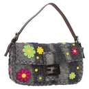 FENDI Floral Mamma Baguette Shoulder Bag Felt Gray Silver Auth 157450SM-1