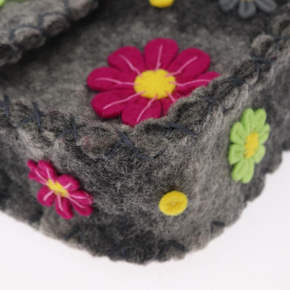 FENDI Floral Mamma Baguette Shoulder Bag Felt Gray Silver Auth 157450SM