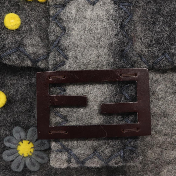 FENDI Floral Mamma Baguette Shoulder Bag Felt Gray Silver Auth 157450SM
