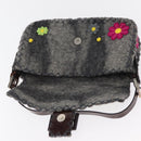FENDI Floral Mamma Baguette Shoulder Bag Felt Gray Silver Auth 157450SM-20