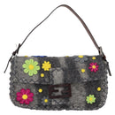 FENDI Floral Mamma Baguette Shoulder Bag Felt Gray Silver Auth 157450SM-13