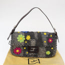 FENDI Floral Mamma Baguette Shoulder Bag Felt Gray Silver Auth 157450SM-12