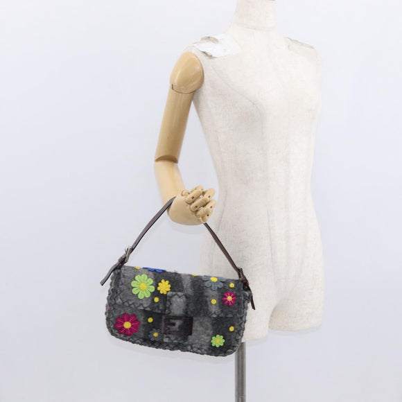 FENDI Floral Mamma Baguette Shoulder Bag Felt Gray Silver Auth 157450SM
