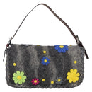 FENDI Floral Mamma Baguette Shoulder Bag Felt Gray Silver Auth 157450SM-2